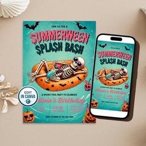 May include: A Summerween Splash Bash invitation card and a smartphone displaying the same design. The graphic features a skeleton in pink sunglasses lounging in an orange pool float with a drink, bats, and jack-o'-lanterns on a teal background.