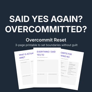 Op de afbeelding: Een afdrukbaar document van drie pagina's met de titel "Overcommit Reset" met bovenaan de tekst "SAID YES AGAIN? OVERCOMMITTED?". De pagina's bevatten prompts om grenzen te stellen. Het document is ontworpen om gebruikers te helpen overcommitment te voorkomen.