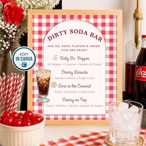 May include: A framed sign with a red and white gingham background titled Dirty Soda Bar. The text lists drink recipes including Dirty Dr. Pepper, Cherry Limeade, Lime in the Coconut, and Cherry on Top, accompanied by an illustration of a soda.