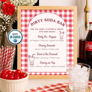 May include: A framed sign with a red and white gingham background featuring the text Dirty Soda Bar, instructions, and drink recipes. The sign includes illustrations of glasses with straws and lists ingredients like Dr Pepper, Sprite, and Coke.