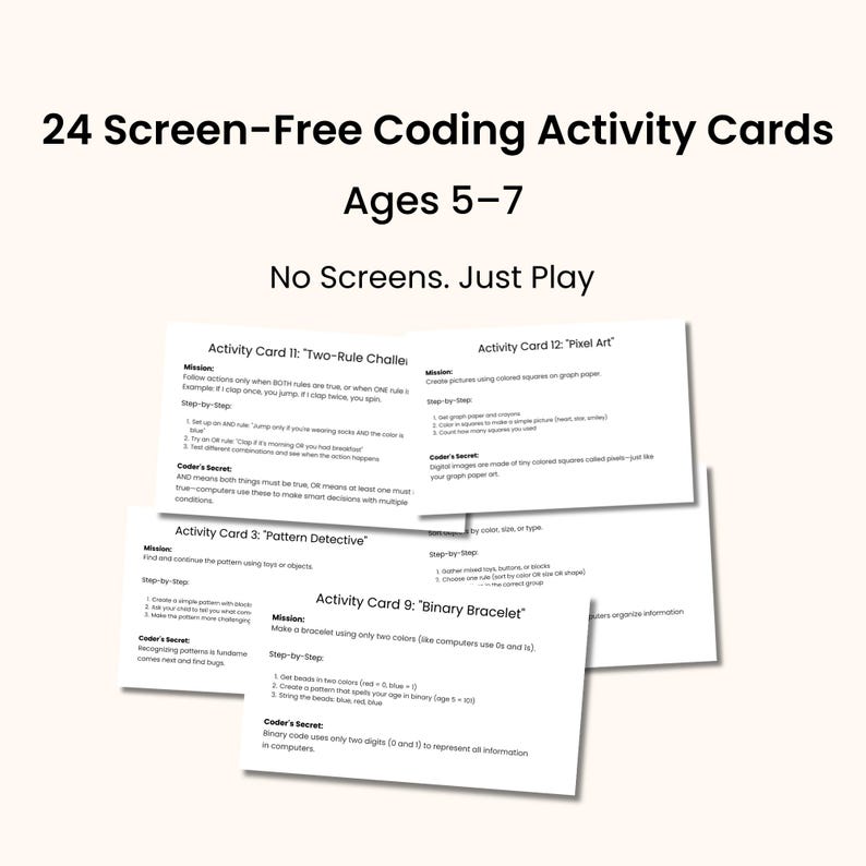 24 Screen-free Coding Activity Cards for Kids Ages 5–7 | Computational ...