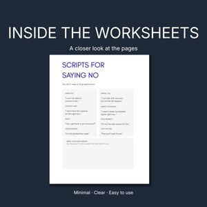 Op de afbeelding: Een witte werkblad met de titel "SCRIPTS FOR SAYING NO" met voorbeeldzinnen voor het stellen van grenzen. De tekst is zwart op een witte achtergrond, met een donkerblauwe achtergrond. De onderkant van de afbeelding luidt "Minimal &bull; Clear &bull; Easy to use."