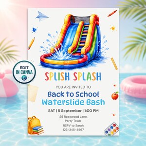 Inbjudan till vattenrutschkanafest i skolan, inbjudan till poolparty i slutet av sommaren, plaskfest för barn, redigerbar Canvas-mall, digital nedladdning
