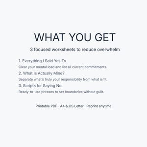 Op de afbeelding: Een witte, afdrukbare PDF met de tekst "WHAT YOU GET" bovenaan. Hieronder staan drie werkbladen om overbelasting te verminderen: "Everything I Said Yes To", "What Is Actually Mine?" en "Scripts for Saying No."