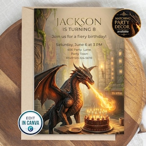 May include: A rectangular birthday invitation card featuring a black dragon breathing fire onto a chocolate cake. Text reads: JACKSON IS TURNING 8, Join us for a fiery birthday!, Saturday, June 6 at 3 PM, 456 Party Lane, Party Town, RSVP 123-324-5678.