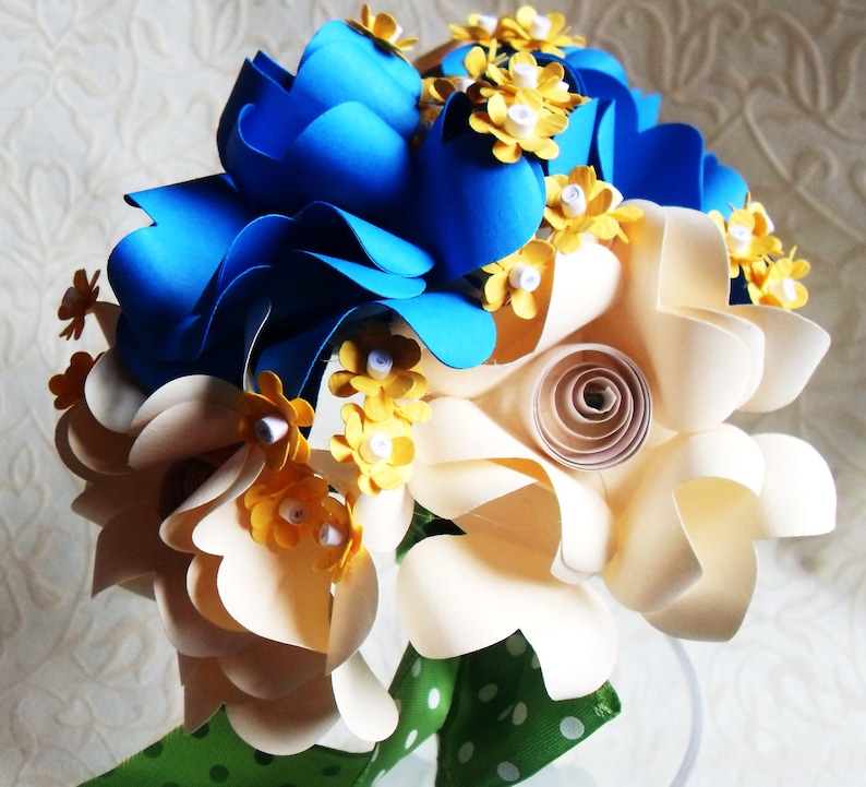 Blue and Yellow Paper Flower Bouquet Off White