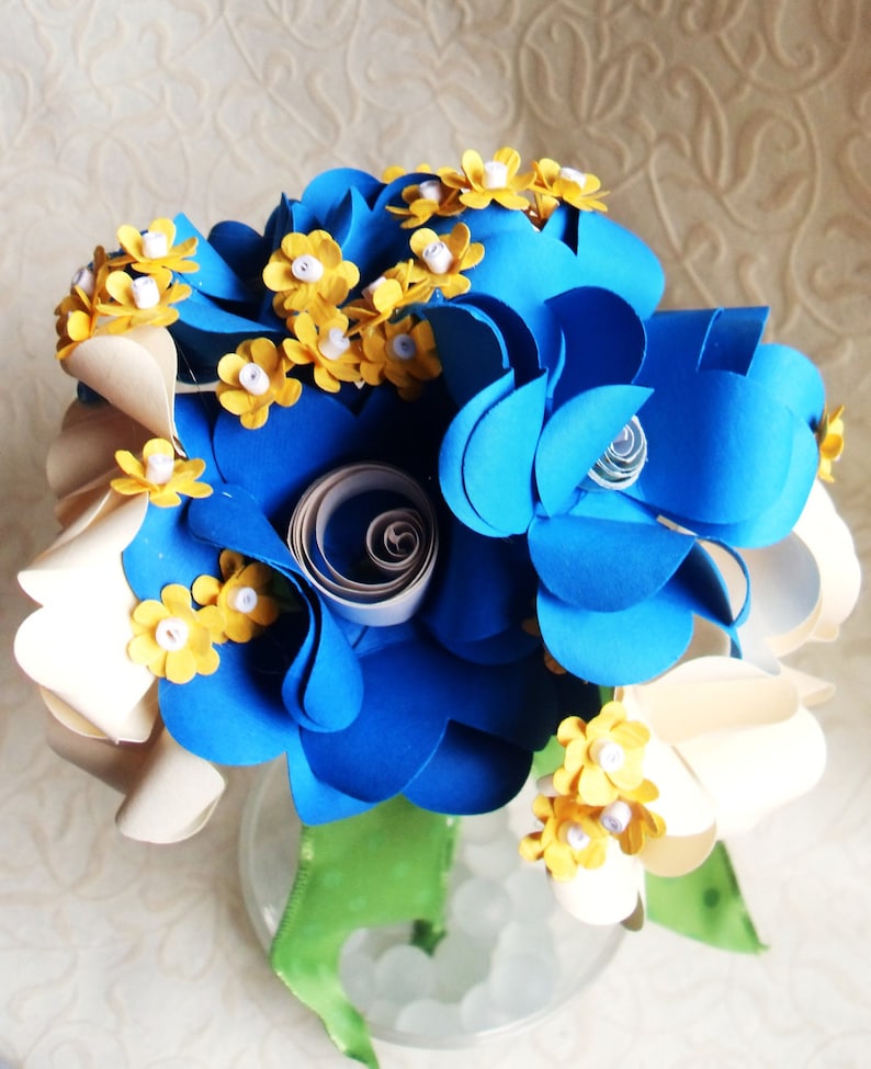 Blue and Yellow Paper Flower Bouquet Off White