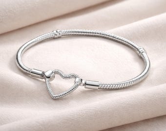 Bracciale Pandora Moments in argento Sterling S925 con cuore e catena a serpente, regalo di San Valentino, regalo per la persona amata
