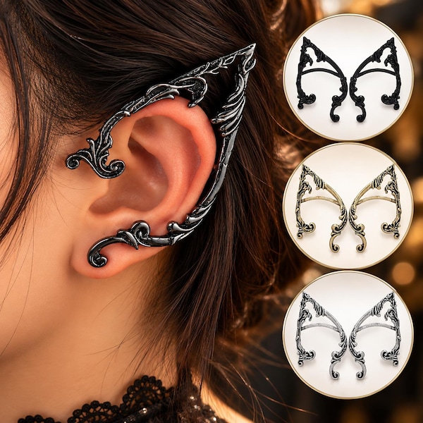 Puede incluir: Un pendiente de metal oscuro con forma de oreja de elfo y filigrana intrincada. El diseño envuelve el borde exterior de la oreja. Se muestran tres pares adicionales en tonos negro, dorado y plateado en recuadros circulares.