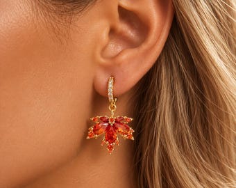 Maple Leaf Earrings, Red Orange Crystal Drop Earrings, Gold Huggie Hoop Earrings, Fall Autumn Jewelry, Thanksgiving Gift for Women