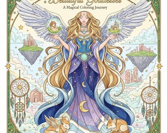 May include: A colouring book titled "Beautiful Goddesses" features a celestial illustration of a goddess with long blonde hair, wings, and a flowing gown. The image includes floating islands, dream catchers, and foxes, with the text "50 Pages of Enchantment Await!"