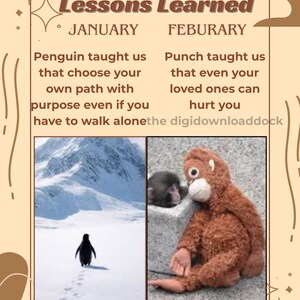 May include: A digital art print with the text "Lessons Learned" and the months January and February. The January section shows a penguin in the snow, and the February section shows a stuffed orangutan. The text reads "Penguin taught us that choose your own path with purpose even if you have to walk alone" and "Punch taught us that even your loved ones can hurt you."