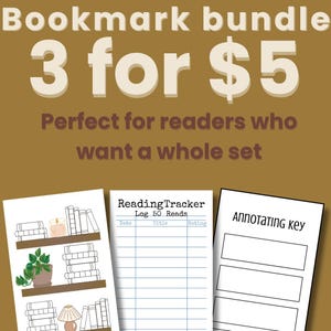 Könnte beinhalten: Ein Lesezeichen-Bundle mit dem Text "3 für $5" auf braunem Hintergrund. Das Bild enthält drei verschiedene Lesezeichen-Designs: ein Bücherregal, einen Lesetracker und einen Annotationsschlüssel.