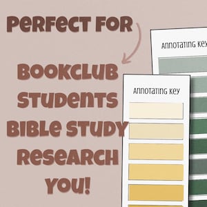 Könnte beinhalten: Ein beigefarbener Hintergrund mit dem Text "Perfect For Bookclub Students Bible Study Research You!" Zwei weiße Karten mit dem Text "Annotating Key" und Farbfeldern sind ebenfalls zu sehen.