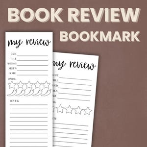 May include: Two white bookmarks with the text "BOOK REVIEW BOOKMARK" and "my review". The bookmarks have sections for date, title, author, series, genre, rating, and review. The rating section features stars and chili peppers.