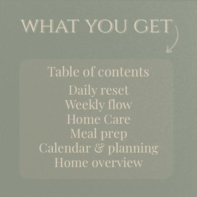 May include: A light green background with the text "WHAT YOU GET" at the top. Below, a transparent rectangle lists "Table of contents", "Daily reset", "Weekly flow", "Home Care", "Meal prep", "Calendar & planning", and "Home overview".
