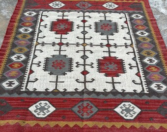Handwoven Wool Jute Kilim Rug, Traditional Indian Dhurrie Area Rug