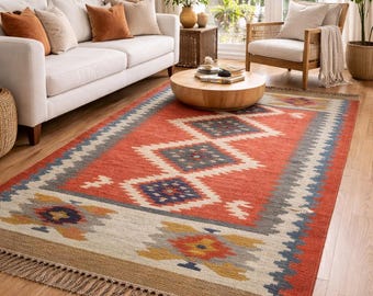 Handmade Wool Jute Kilim Rug, Rug for Living Room / Hallway Rug /Kitchen Rug / Patio Rug, Bohemian Area Rug,