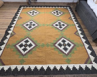 Handmade Wool Jute Kilim Rug, Indian Vintage Style, Bohemian Decor
