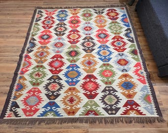 Handwoven Wool Jute Kilim Rug, Indian Vintage Style, 8x10 Area Rug
