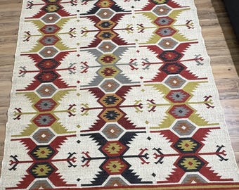 Handwoven Wool Jute Kilim Rug, Bohemian Geometric Area Rug, Indian Vintage Style Home Decor