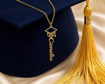 Custom Grad Pendant, Personalized Gold Graduation Name Necklace, Senior Gift Jewelry, High School Graduation Gift, Grad Cap Necklace for Her
