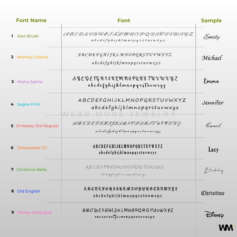 Pode incluir: Um gr&aacute;fico mostrando v&aacute;rios estilos de fonte, incluindo Alex Brush, Monoty Corsiva e Misha Salma. Cada fonte &eacute; mostrada com alfabetos mai&uacute;sculos e min&uacute;sculos, juntamente com uma palavra de exemplo. O texto "WEAR MORE JEWELRY" tamb&eacute;m &eacute; vis&iacute;vel.
