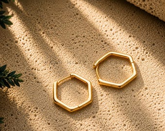 Gold Hexagon Hoop Earrings, Minimalist Brass Earrings, Geometric Gold Hoops, Unique Dainty Jewelry, Modern Everyday Earrings for Women