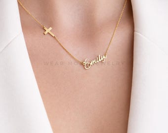 Colar com Cruz Banhada a Ouro 14K e Nome Personalizado, Joia Cristã com Nome à Escolha, Colar da Fé - Presente para Mulheres