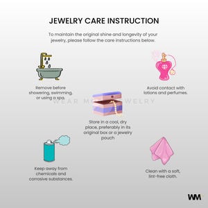 Pode incluir: Gr&aacute;fico de instru&ccedil;&otilde;es de cuidados com joias com ilustra&ccedil;&otilde;es. Inclui uma banheira, um frasco de perfume, uma caixa de joias, um borrifador e um pano. O texto aconselha a evitar produtos qu&iacute;micos, lo&ccedil;&otilde;es e &aacute;gua, e a guardar as joias corretamente.