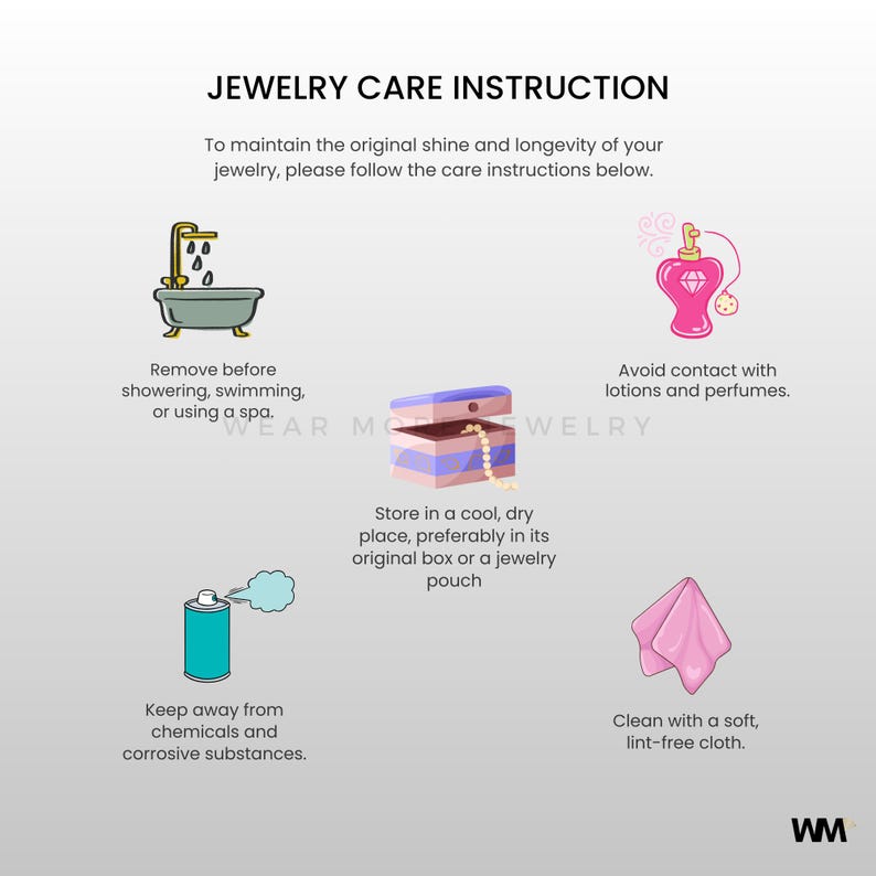 Pode incluir: Gr&aacute;fico de instru&ccedil;&otilde;es de cuidados com joias com ilustra&ccedil;&otilde;es. Inclui uma banheira, um frasco de perfume, uma caixa de joias, um borrifador e um pano. O texto aconselha a evitar produtos qu&iacute;micos, lo&ccedil;&otilde;es e &aacute;gua, e a guardar as joias corretamente.