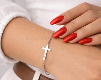 Pulseira com Cruz Banhada a Ouro 14k, Pulseira com Cruz Personalizada com Nome, Presente de Batismo, Presente de Primeira Comunhão, Joia Delicada com Cruz, Presente para Ela