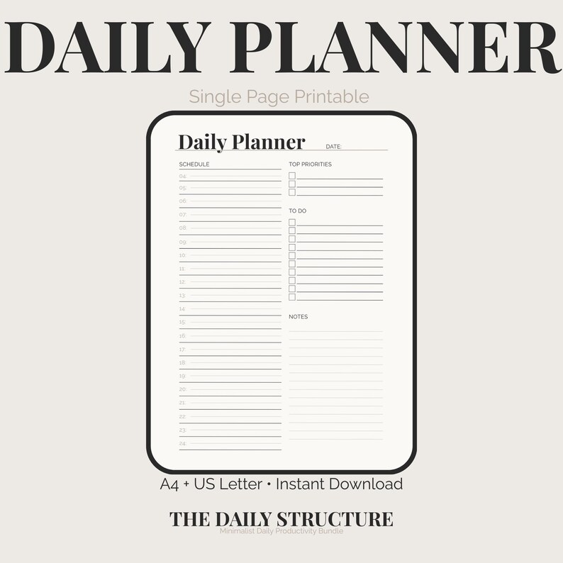 Minimalist Daily Planner Printable | Clean Schedule, Priorities (A4/US ...