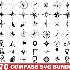 May include: A set of 70 black compass designs, featuring starburst, circular, and arrow motifs. The image includes map markers and the text "70 COMPASS SVG BUNDLE".