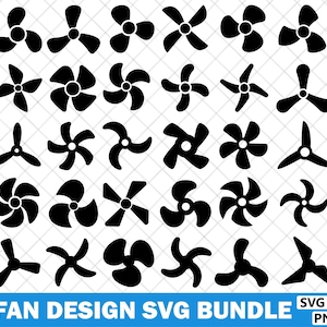May include: A collection of 40 black fan designs in various styles. The image includes different blade configurations, from three-blade to multi-blade designs. The text at the bottom reads "40 FAN DESIGN SVG BUNDLE".