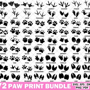 May include: A collection of 72 black paw print designs, including various animal tracks like dog, cat, and bear. The prints are arranged in rows and columns, with each animal's name below its print. The image also includes the text "72 PAW PRINT BUNDLE".