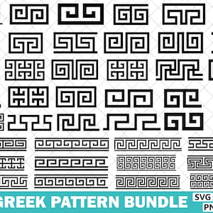Puede incluir: Colección de 41 patrones de grecas negras con diversos diseños. Los patrones incluyen bordes geométricos y motivos repetitivos, adecuados para proyectos de diseño digital. La imagen incluye el texto "41 GREEK PATTERN BUNDLE".
