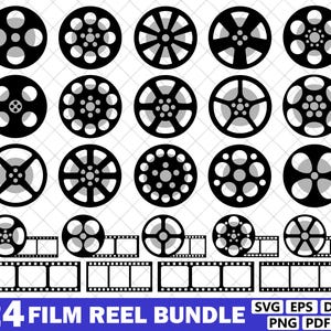 Könnte beinhalten: Eine Sammlung schwarzer Filmrollen-Designs in verschiedenen Stilen. Das Bild enthält 24 Filmrollengrafiken mit unterschiedlichen Speichen- und Lochmustern. Der Text unten lautet "24 FILM REEL BUNDLE".