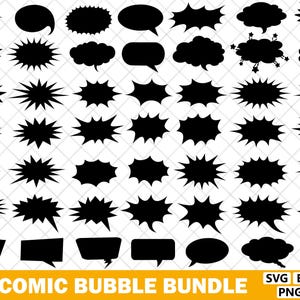 May include: A collection of 49 black comic bubble designs in various shapes, including speech bubbles, thought bubbles, and explosion effects. The text "49 COMIC BUBBLE BUNDLE" is displayed at the bottom, along with file type icons.