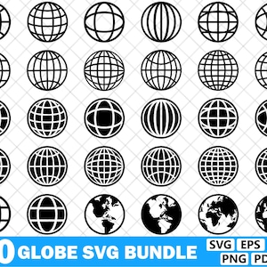 May include: A collection of 30 black and white globe designs in various styles. The globes include line art and solid fill options. The image also includes the text "30 GLOBE SVG BUNDLE" and file type indicators.