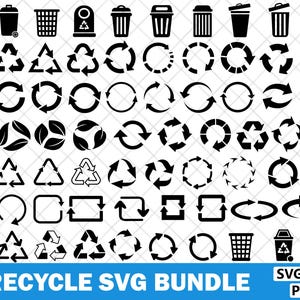 May include: A collection of 83 black recycle-themed SVG graphics, including recycling symbols, arrows, and trash cans. The graphics are in various shapes and styles, suitable for digital design projects. The text "83 RECYCLE SVG BUNDLE" is displayed at the bottom.