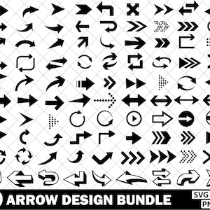 May include: A collection of 109 black arrow designs in various styles, including straight, curved, and circular shapes. The image includes the text "109 ARROW DESIGN BUNDLE" with file type icons.