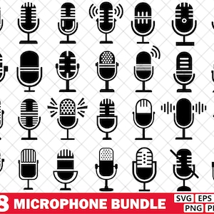 May include: A collection of 28 black microphone illustrations in various designs. The microphones are depicted with different shapes, grilles, and stands. The image includes the text "28 MICROPHONE BUNDLE" in red, along with file type icons.