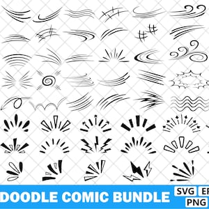 Może przedstawiać: Zbiór 77 czarno-białych elementów komiksowych w stylu doodle, w tym linie prędkości, wybuchy, wiry i dymki. Tekst "77 DOODLE COMIC BUNDLE" jest wyświetlany na niebieskim banerze u dołu.