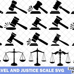 Könnte beinhalten: Eine Sammlung schwarzer SVG-Grafiken mit Hammer und Justizwaage. Die Hämmer werden in verschiedenen Positionen gezeigt, einige schlagen auf eine Oberfläche. Die Waagen der Gerechtigkeit sind ebenfalls abgebildet. Der Text unten lautet "20 GAVEL AND JUSTICE SCALE SVG".