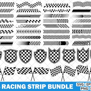 May include: A collection of black and white racing-themed graphics. The image includes checkered flag designs, racing stripes, shield emblems, and flags. The text at the bottom reads "45 Racing Strip Bundle".