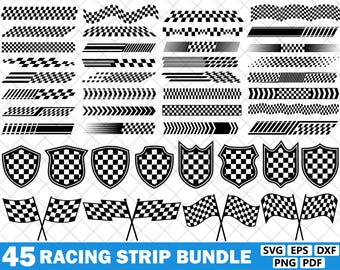 Può includere: Una collezione di grafiche a tema racing in bianco e nero. L'immagine include disegni di bandiere a scacchi, strisce da corsa, emblemi a scudo e bandiere. Il testo in basso recita "45 Racing Strip Bundle".