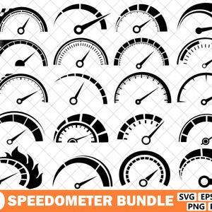 May include: A collection of 20 black and white speedometer designs. Each speedometer features a curved gauge with a needle, and some include additional racing-themed elements like checkered flags and speed lines. The text "20 SPEEDOMETER BUNDLE" is at the bottom.