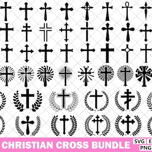 Puede incluir: Una colección de 52 diseños de cruces cristianas negras en varios estilos, incluyendo cruces simples, cruces con rayos de sol y cruces dentro de coronas de laurel. El texto "52 CHRISTIAN CROSS BUNDLE" se muestra en la parte inferior.