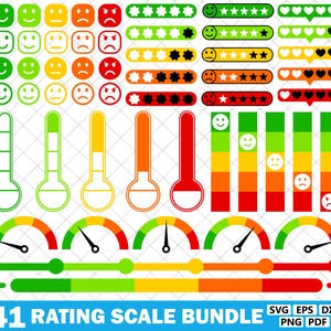 Puede incluir: Un conjunto de 41 gráficos de escalas de calificación, que incluyen caras sonrientes, calificaciones de estrellas, calificaciones de corazones, medidores de termómetro y gráficos de barras. La paleta de colores varía de verde a rojo. El texto "41 RATING SCALE BUNDLE" está en la parte inferior.